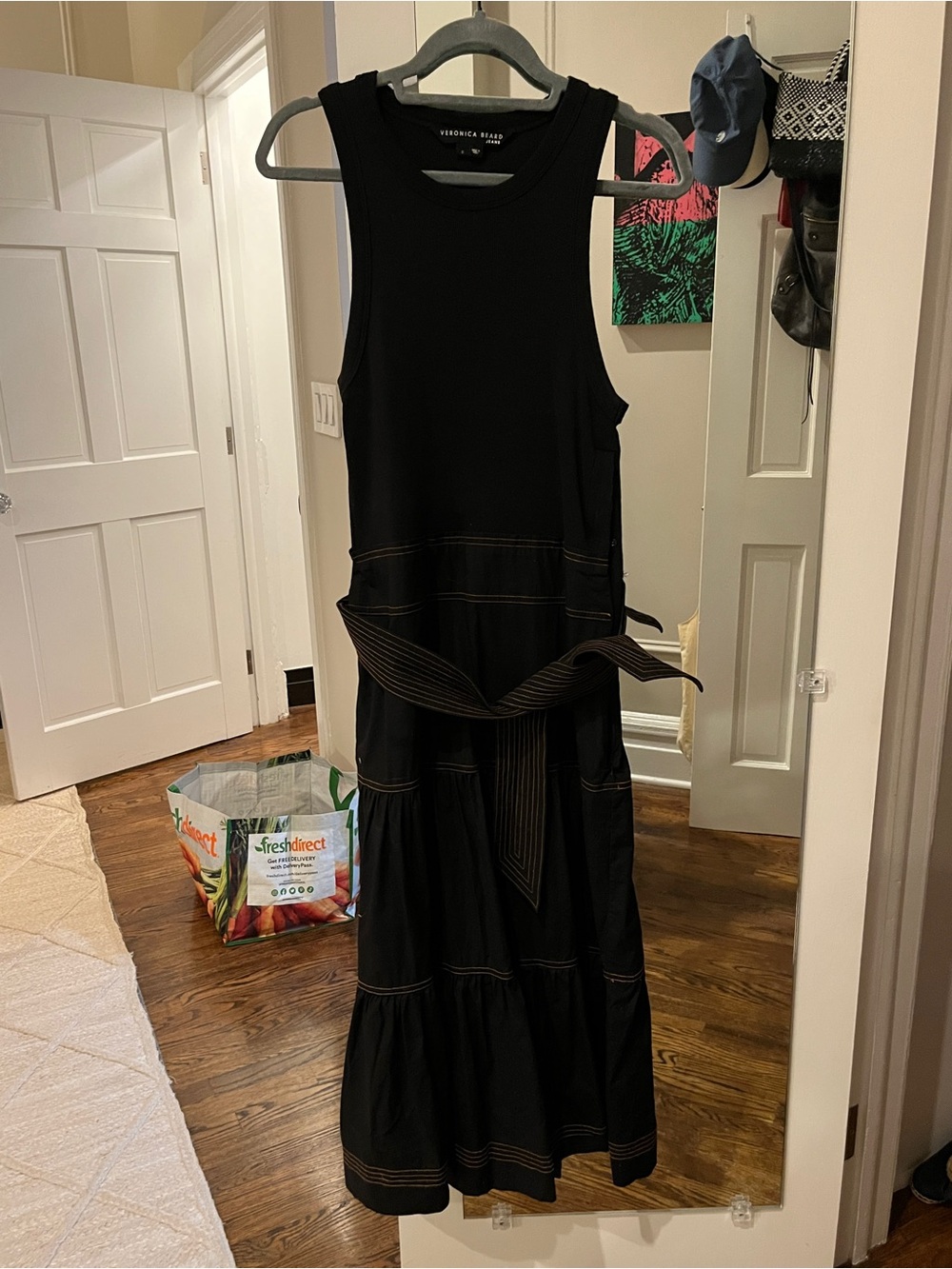 Veronica Beard Austyn Black Sleeveless Tiered Maxi Dress with Waist Sash